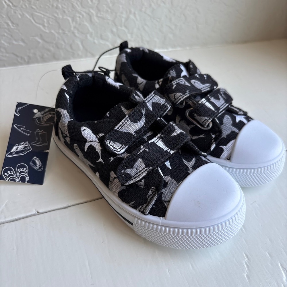Toddler Boys Shoes Canvas Black Gray Velcro White Hook and Loop Shark Print